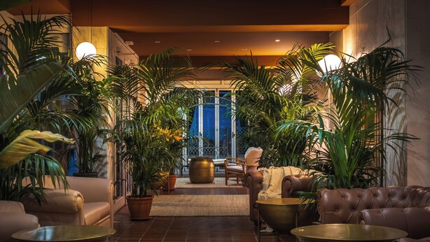 A well-lit indoor space with leather sofas, a coffee table, and potted plants. - Hotel Portofino Jesolo (Lido di Jesolo)