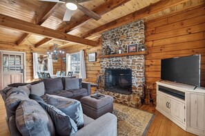 Smart TV, chimenea y libros 