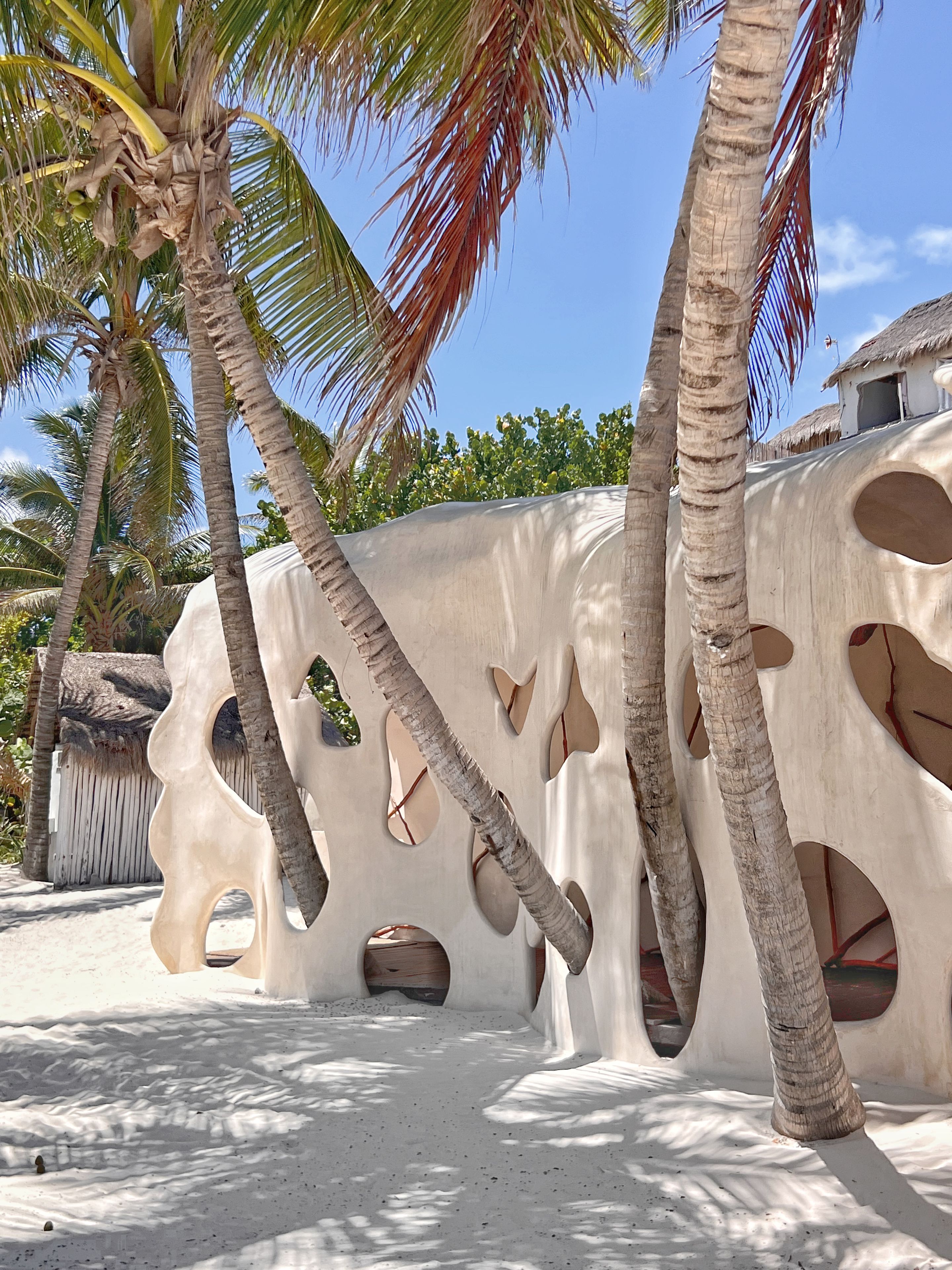 A beachside location with palm trees, a thatched-roof structure, and a unique white wall with cut-out shapes.