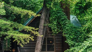 Une cabane en rondins avec un escalier menant à l’entrée, entourée d’un feuillage dense.