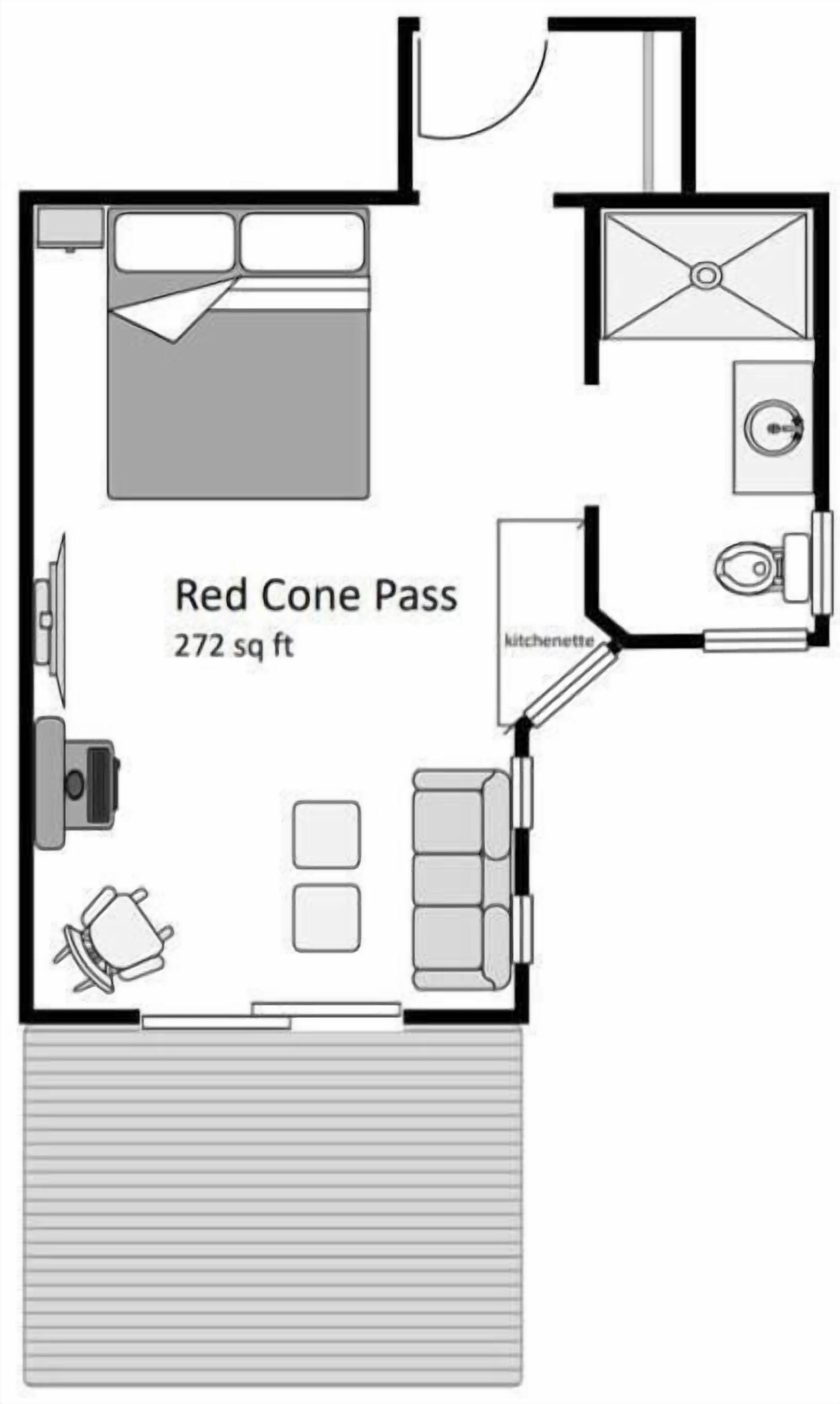 Grundriss eines Red Cone Pass Zimmers mit 272 Quadratfuß Fläche, inklusive Bett, Küchenzeile und Sitzbereich.