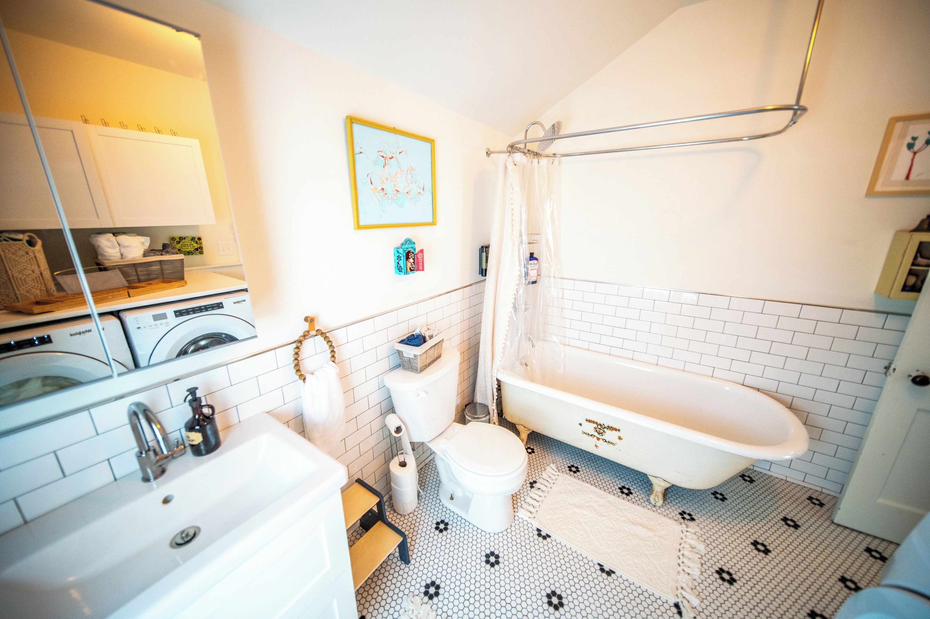 Hair dryer, towels, soap, toilet paper