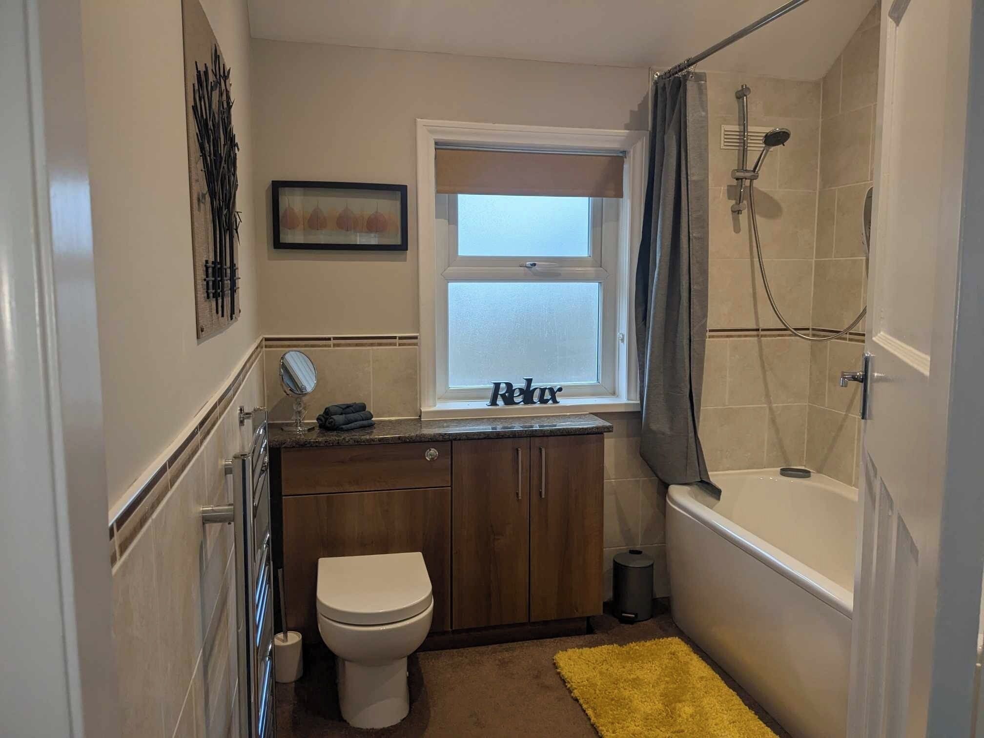 Hair dryer, towels, soap, toilet paper