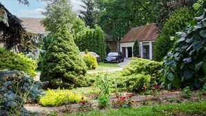 A residential garden with a car parked in the driveway, surrounded by various shrubs and trees.