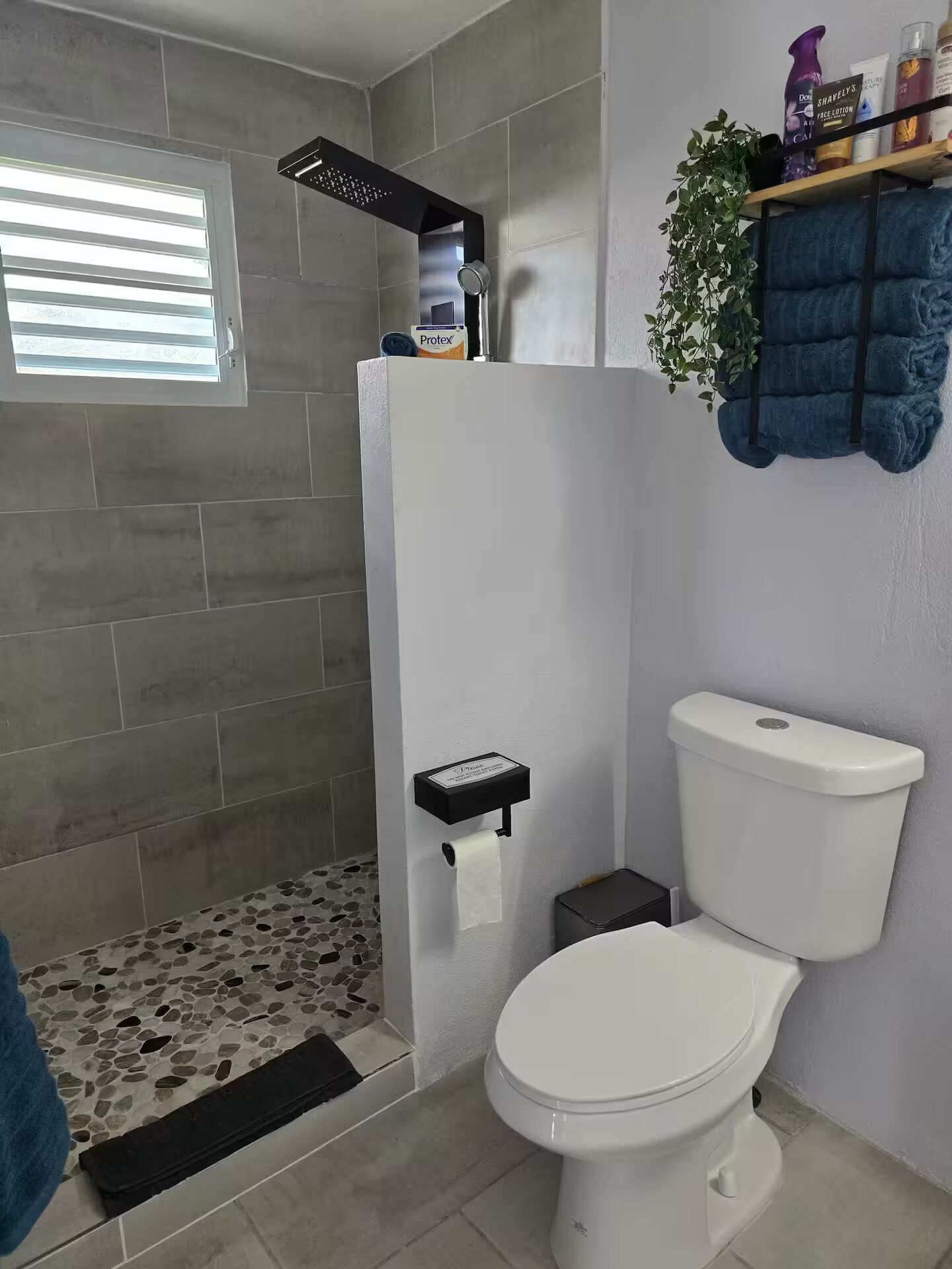 Une salle de bain équipée d’une douche, de toilettes et d’une étagère où sont rangés les articles de toilette.