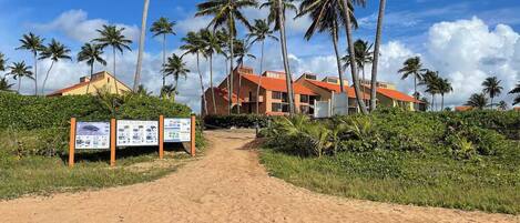 A sandy path leading to a building with a red roof, surrounded by palm trees and greenery.