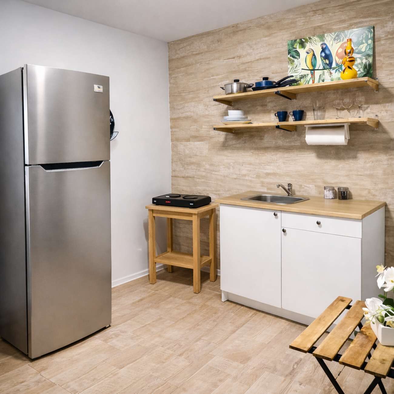 Fridge, microwave, stovetop, coffee/tea maker