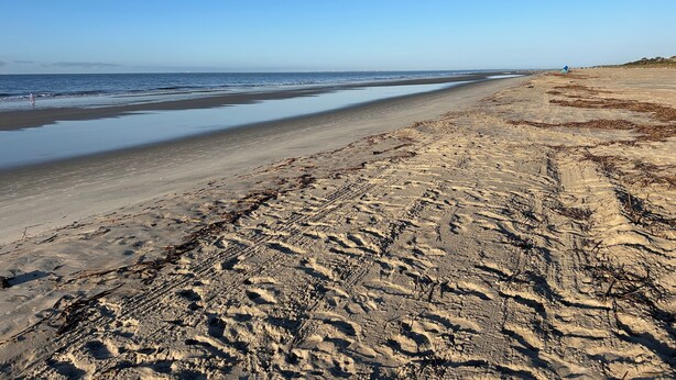 A beach with a wide sandy area, a clear sky, and a calm sea. - Feels like Home on Hilton Head Island (Hilton Head Island)