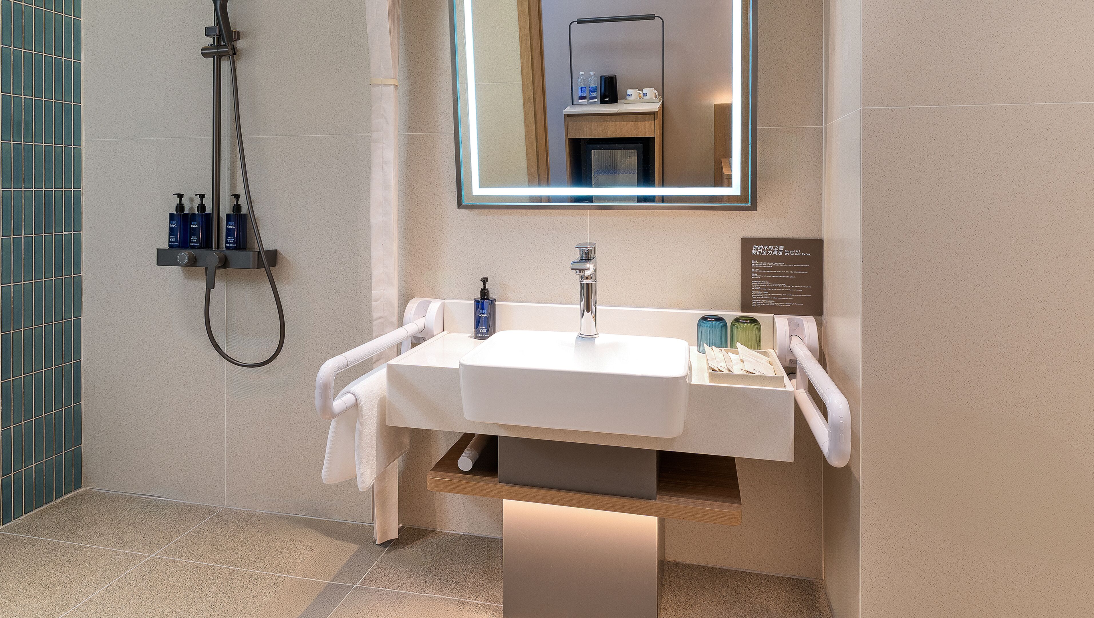 A modern bathroom with a large sink, a handheld showerhead, and a mirror with a light.