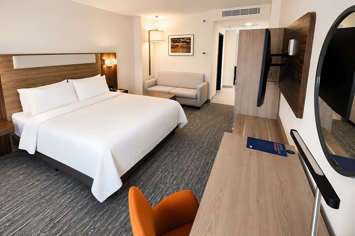 Una habitación de hotel con una cama grande, un sofá, un televisor y un escritorio.