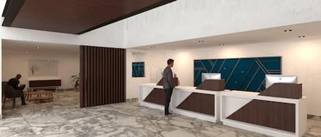 A modern reception area with marble flooring, a man standing at the counter, and a seating area with a plant.