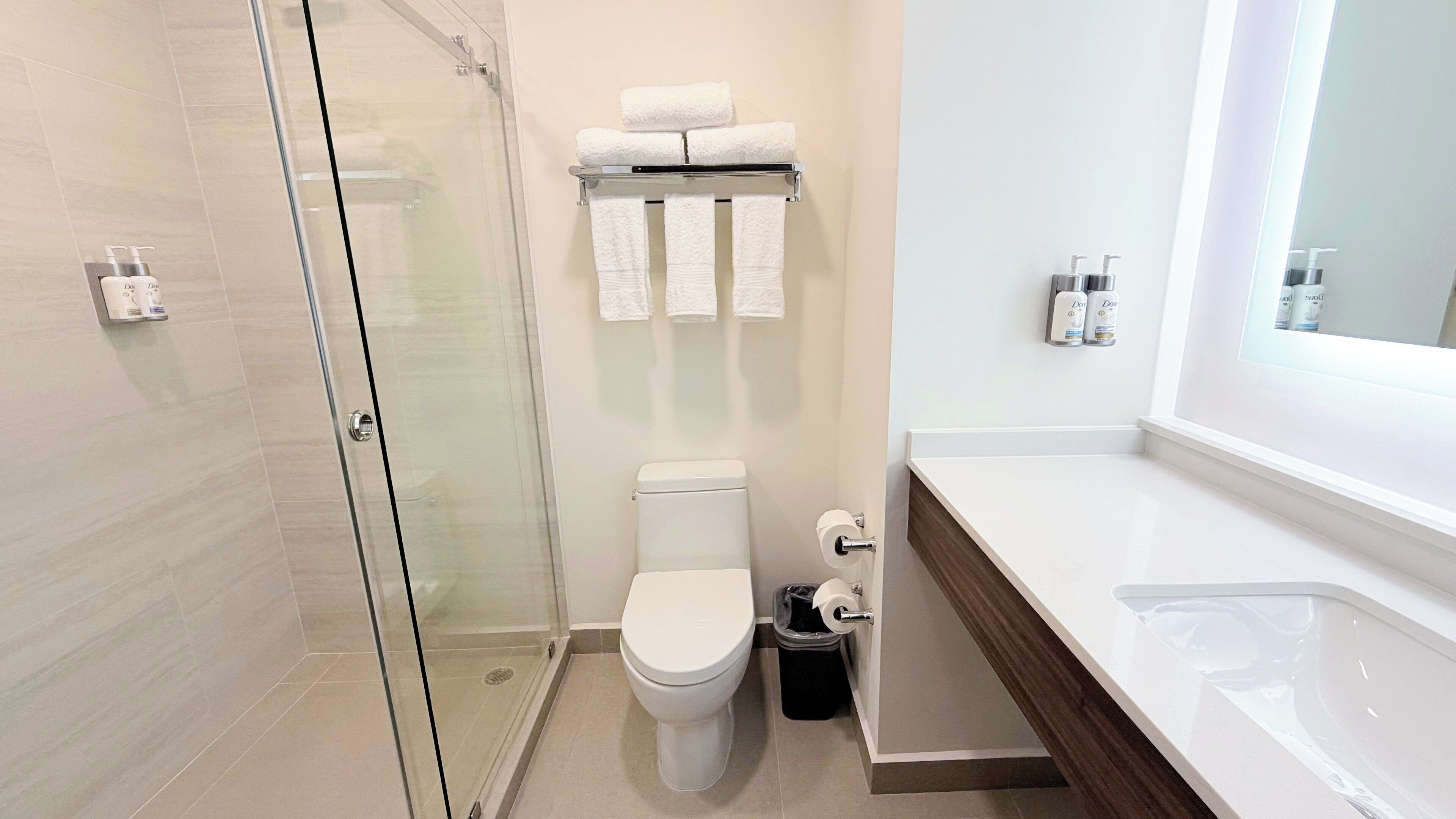 Un bagno moderno con cabina doccia in vetro, un water, un cestino e un mobile lavabo con specchio.