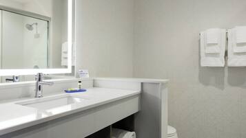 Une salle de bain moderne avec un grand miroir, deux lavabos, une douche et des toilettes.