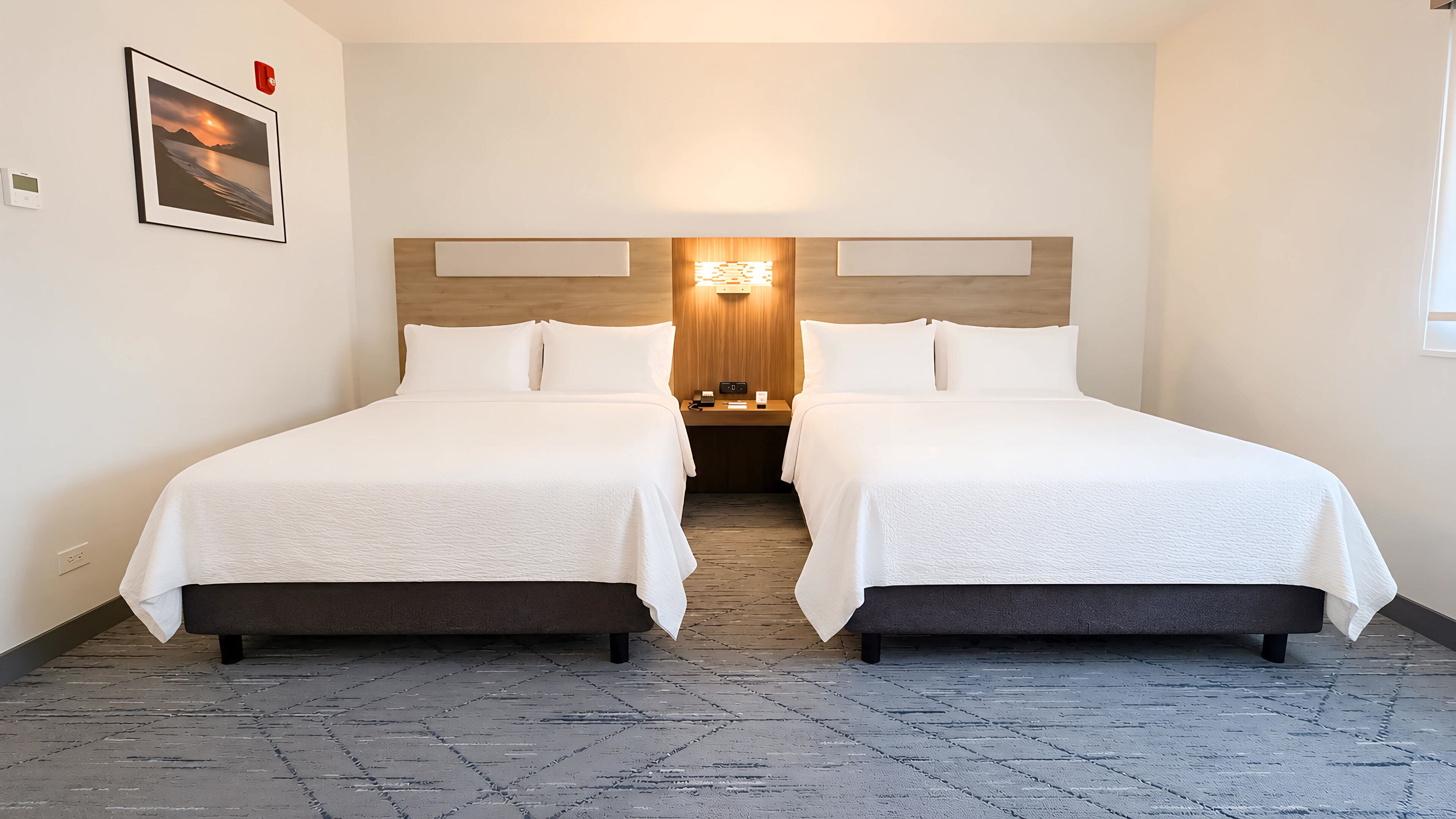 A hotel room with two beds, a nightstand, a wall-mounted light, and a framed picture.