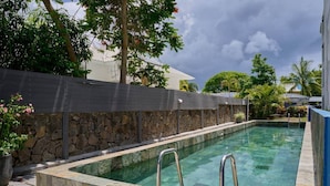 A swimming pool with stone walls, metal railings, and surrounding greenery. - Sea Side Apartment, 2 minutes' walk from the beach (Cap Malheureux)