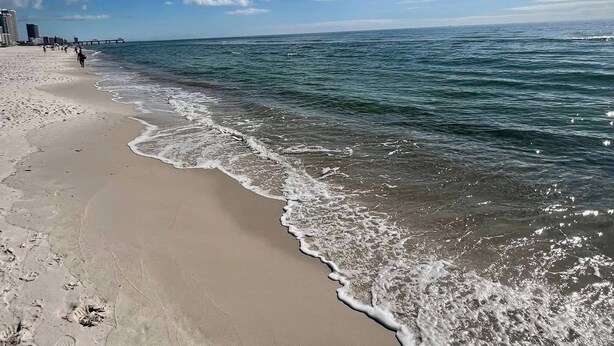 Une plage avec un ciel dégagé, une rive sablonneuse et une jetée en arrière-plan.