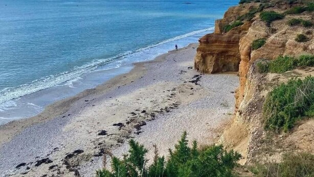 A beach with clear skies, a person walking, and rocky cliffs.