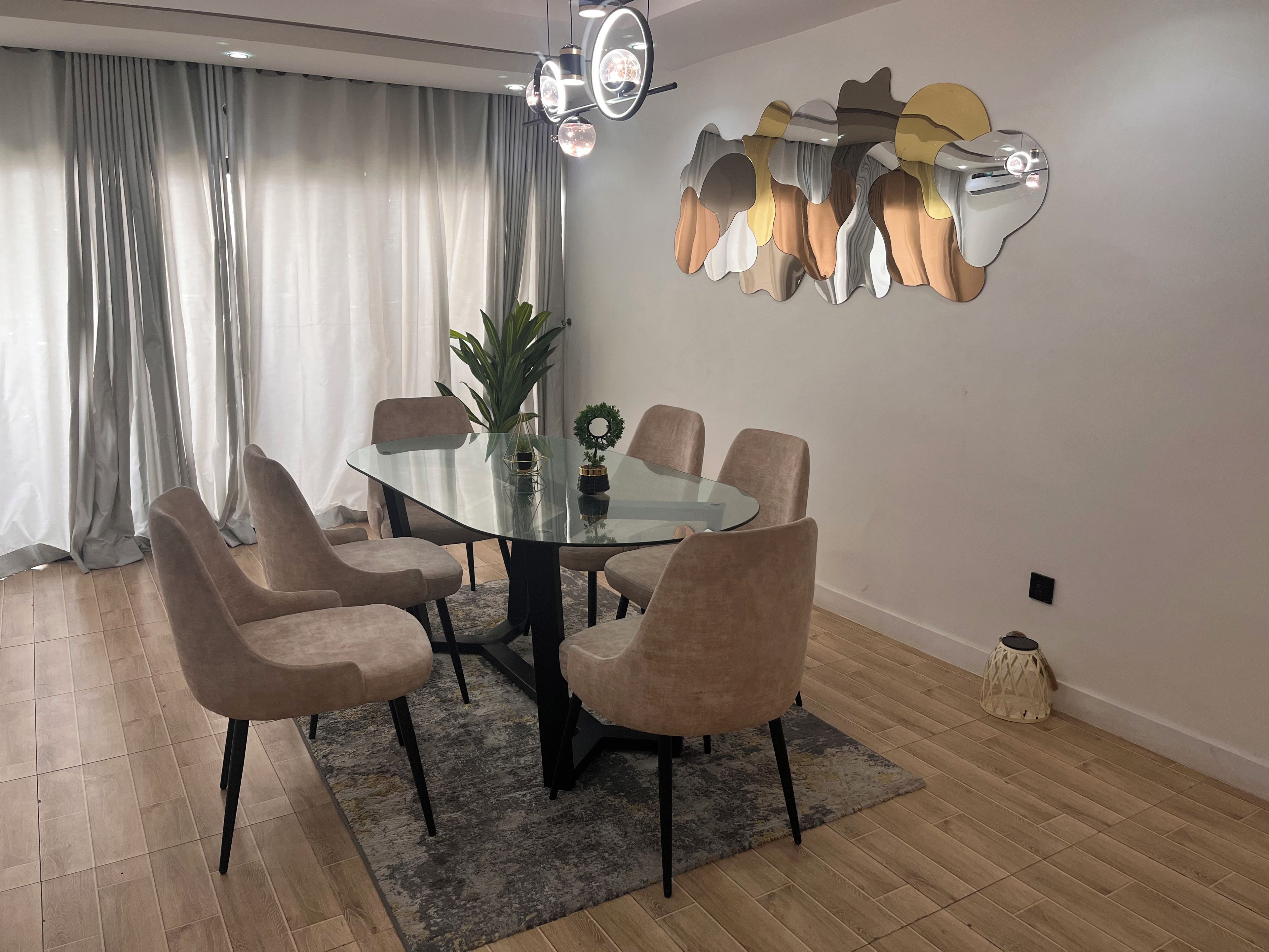 Un coin repas avec une table en verre entourée de six chaises, une plante en pot et un élément décoratif fixé au mur.