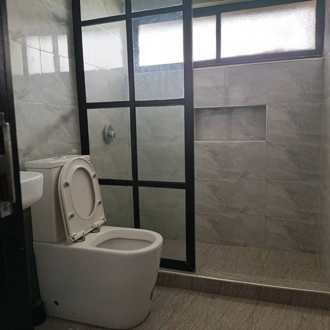 Une salle de bain comprenant des toilettes, un lavabo et un espace douche doté d’une porte en verre.