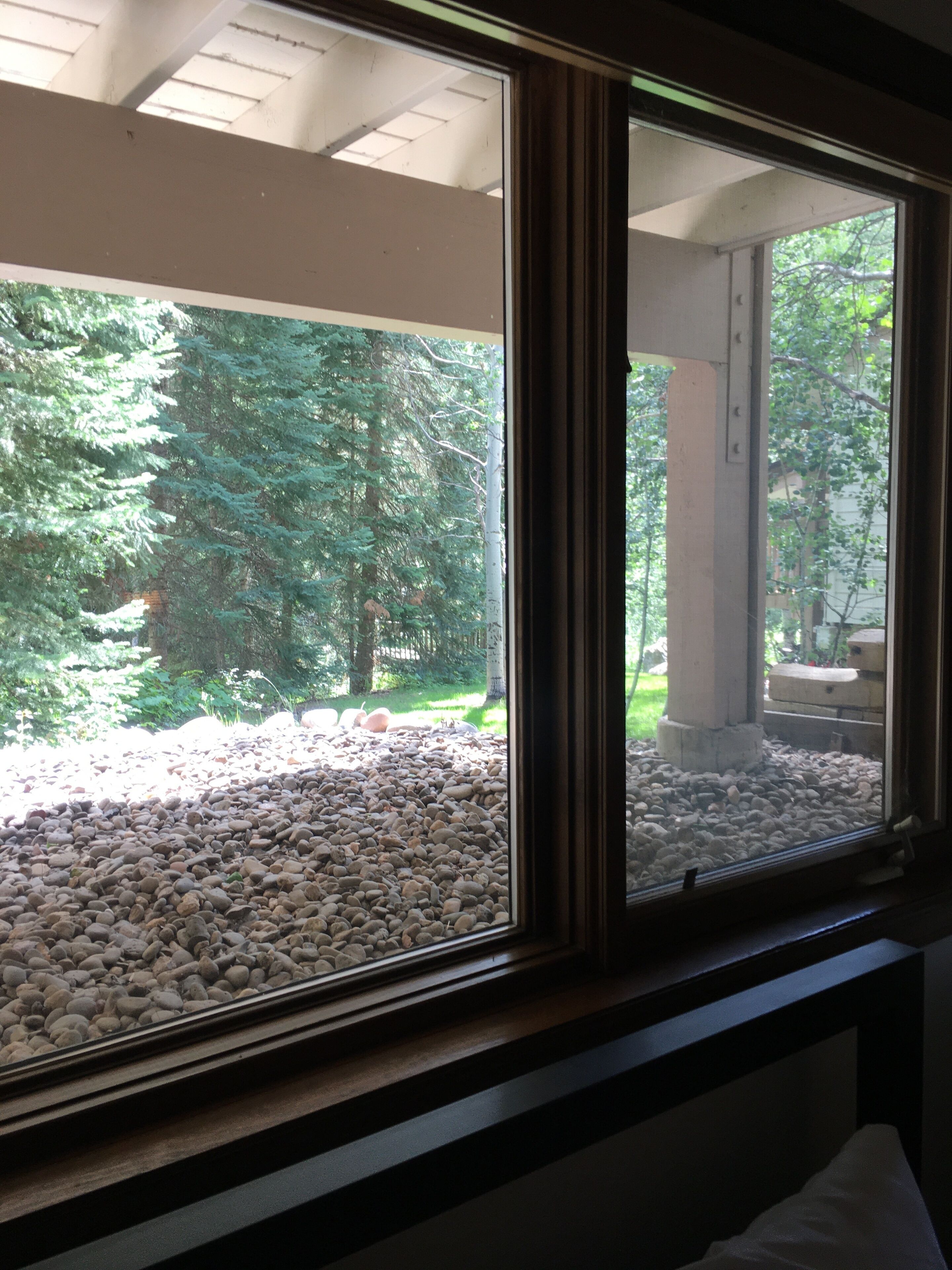 Ein Zimmer mit großem Fenster und Blick auf einen Garten mit Bäumen und einem Kiesweg.