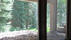 Quarto com uma grande janela com vista para um jardim com árvores e um caminho de cascalho.