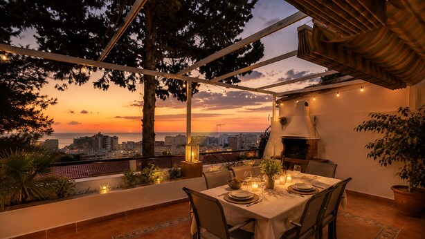 Un espacio de comedor al aire libre con vista al atardecer, un horno de pizza y un paisaje urbano de fondo.