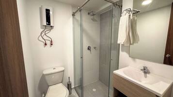 Un baño moderno con ducha envuelta en vidrio, inodoro y tocador con espejo.