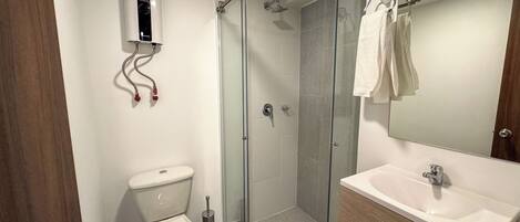 A modern bathroom with a glass-enclosed shower, a toilet, and a vanity with a mirror.