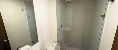 A modern bathroom with a glass-enclosed shower, a white sink, and a toilet.