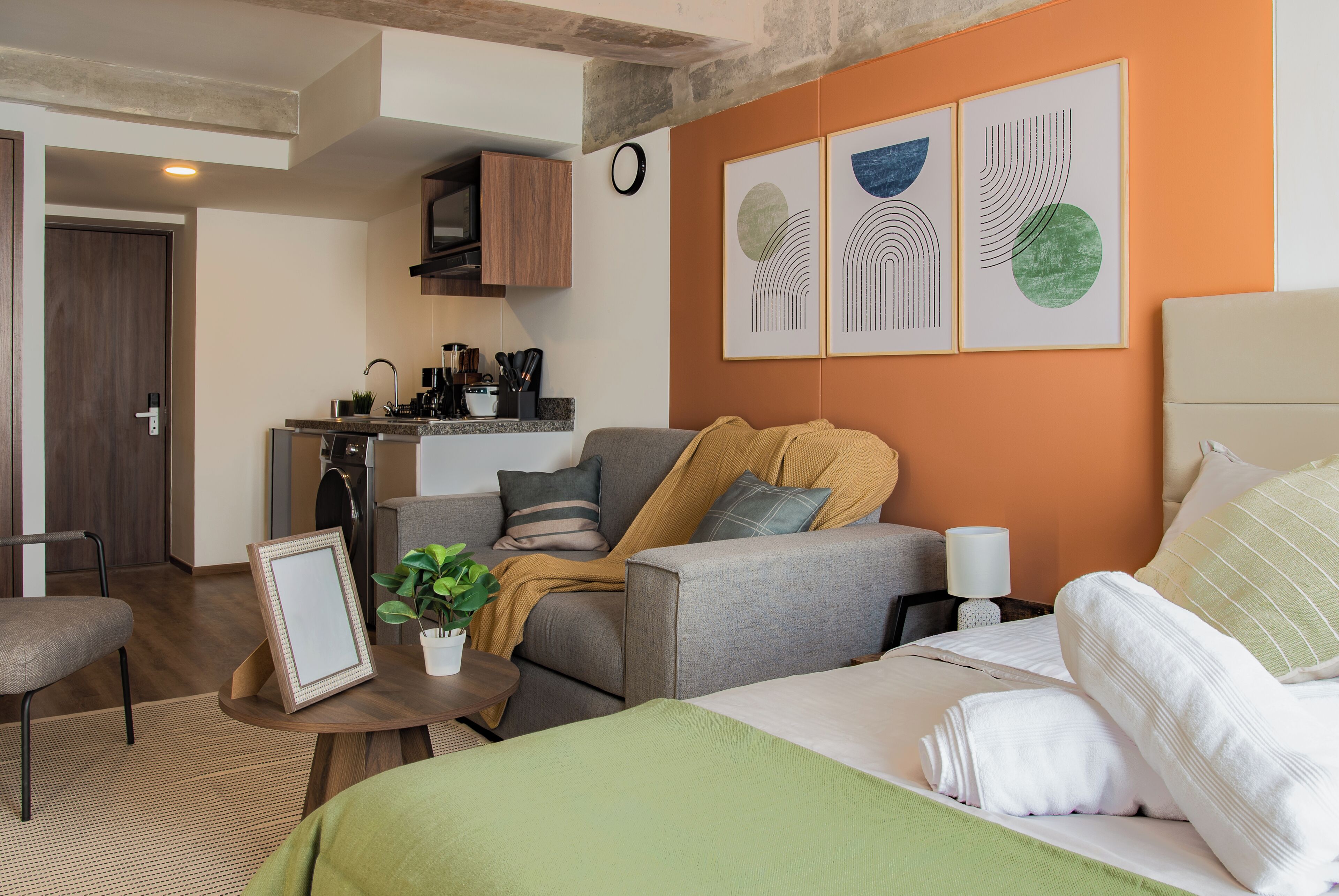 Una habitación de hotel moderna con un sofá, una cama, una mesita con una planta y obras de arte en la pared.