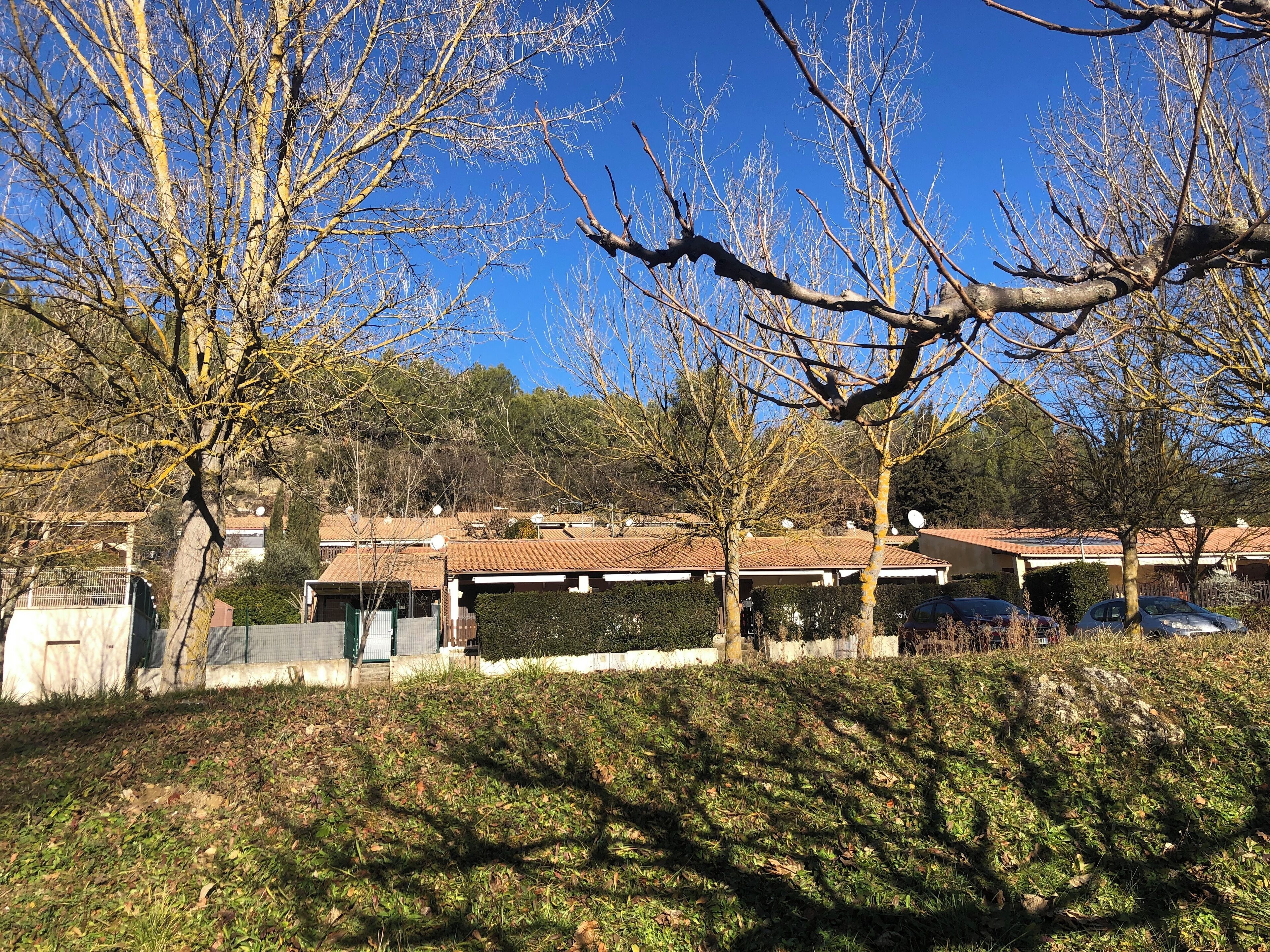 A residential area with houses, trees, and a clear blue sky.