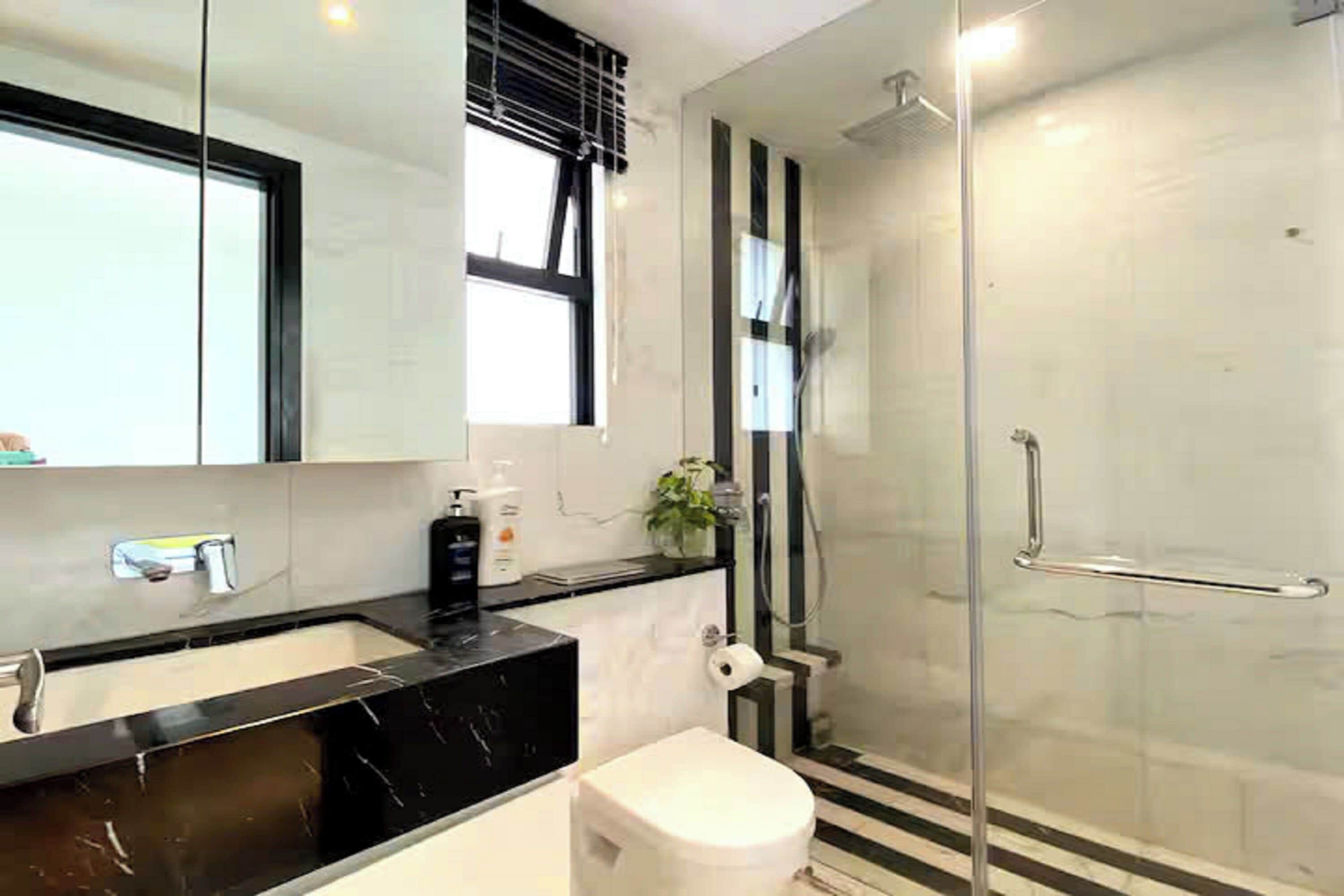 Separate tub and shower, hydromassage showerhead, designer toiletries