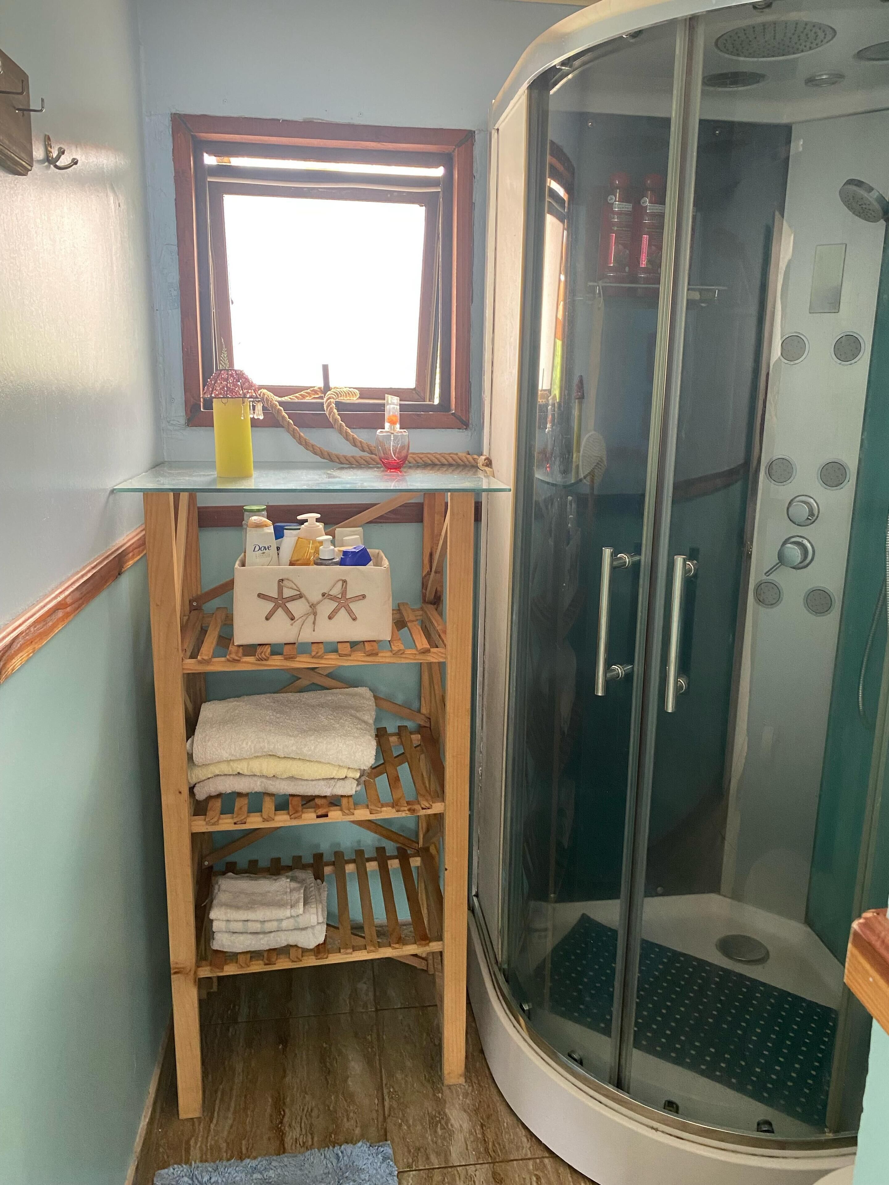 Jetted tub, hair dryer, soap, toilet paper