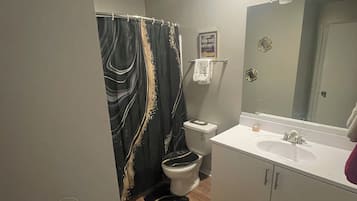 Hair dryer, towels, soap, toilet paper