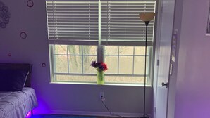 A bedroom with a bed, a window with blinds, a floor lamp, and a rug.