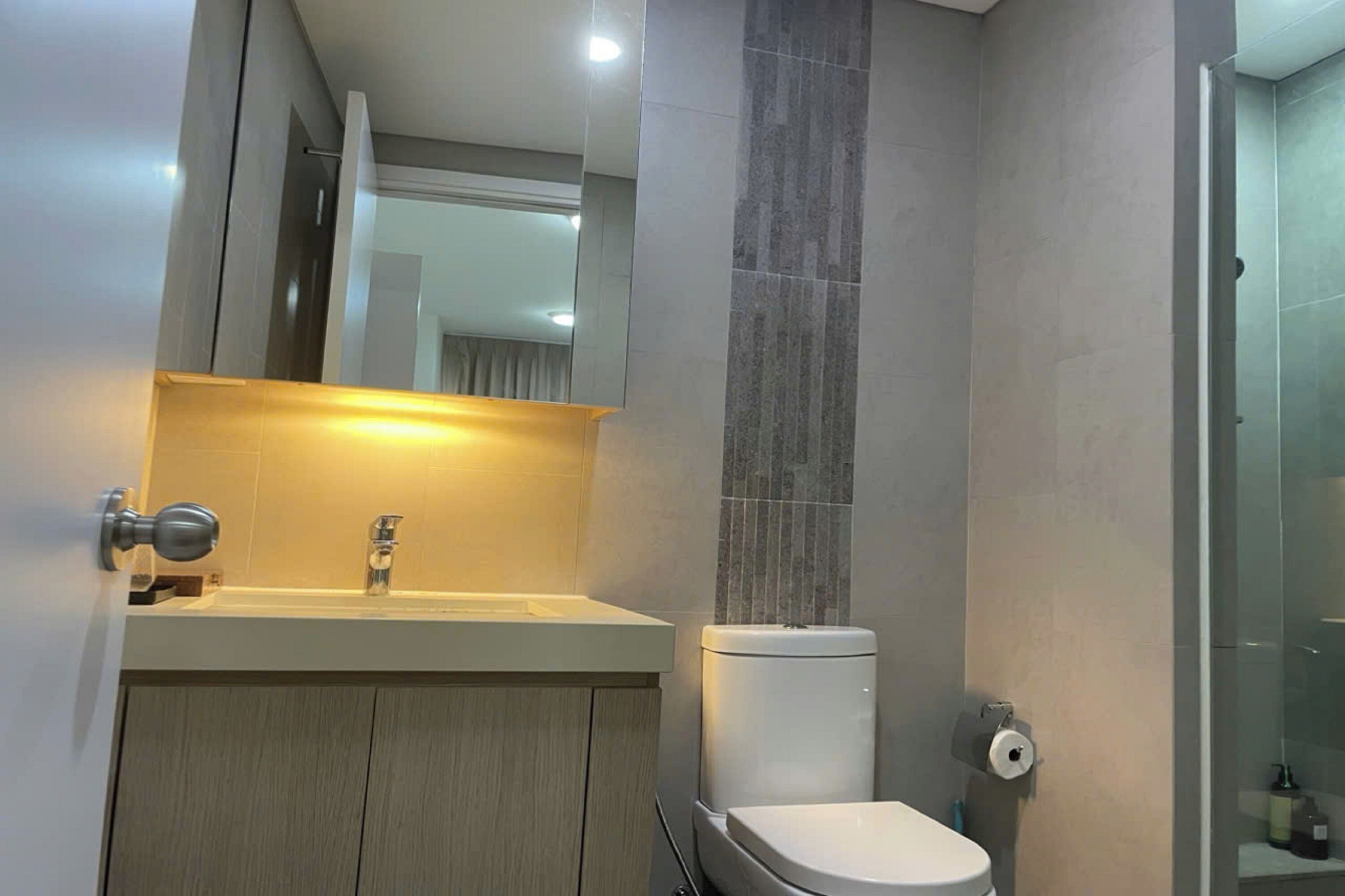 Separate tub and shower, hydromassage showerhead, designer toiletries