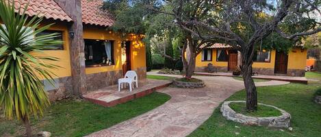 A courtyard with a pathway leading to a building with a tiled roof and stone walls. There are two white chairs on the patio, and a tree with yellow flowers in the center.