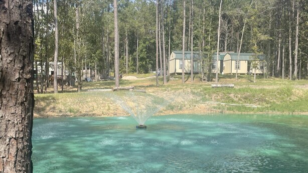 Un lago cristalino rodeado de árboles y una pequeña casa con techo verde.