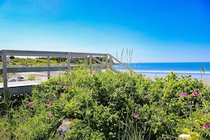 A coastal view with a wooden deck overlooking the beach.
