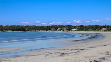 Une plage à l’eau claire, avec un rivage sablonneux et des maisons en arrière-plan.