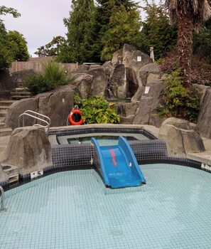 Ein Swimmingpool mit Rutsche, umgeben von Steinen und Pflanzen.