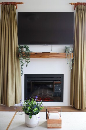 A living room with a fireplace, a flat-screen TV mounted above it, and a potted plant on the floor.