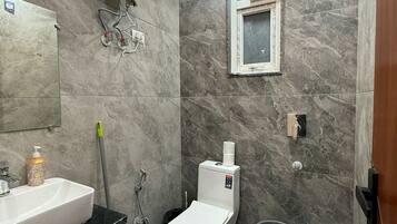 Shower, towels, toilet paper