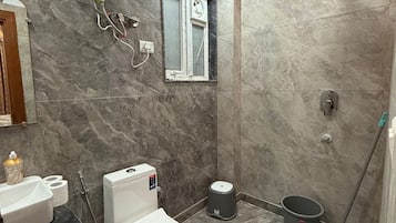 Shower, towels, toilet paper