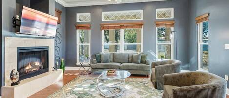 Smart TV, fireplace, foosball