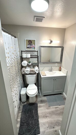 Secador de pelo, toallas, jabón y papel higiénico