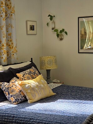 A neatly made bed with patterned pillows, a bedside lamp, a framed picture on the wall, and a potted plant.