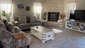 Smart TV, fireplace, books