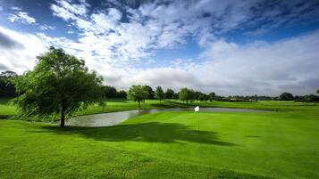 Un parcours de golf avec des verts bien entretenus, un étang et un drapeau indiquant le trou.