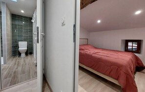 Une chambre à coucher avec un lit, une fenêtre et une salle de bain comprenant des toilettes et une douche.